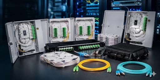 Glasfasertechnik Sortiment mit Spleissboxen, Patchkabeln und FTTH-Zubehoer